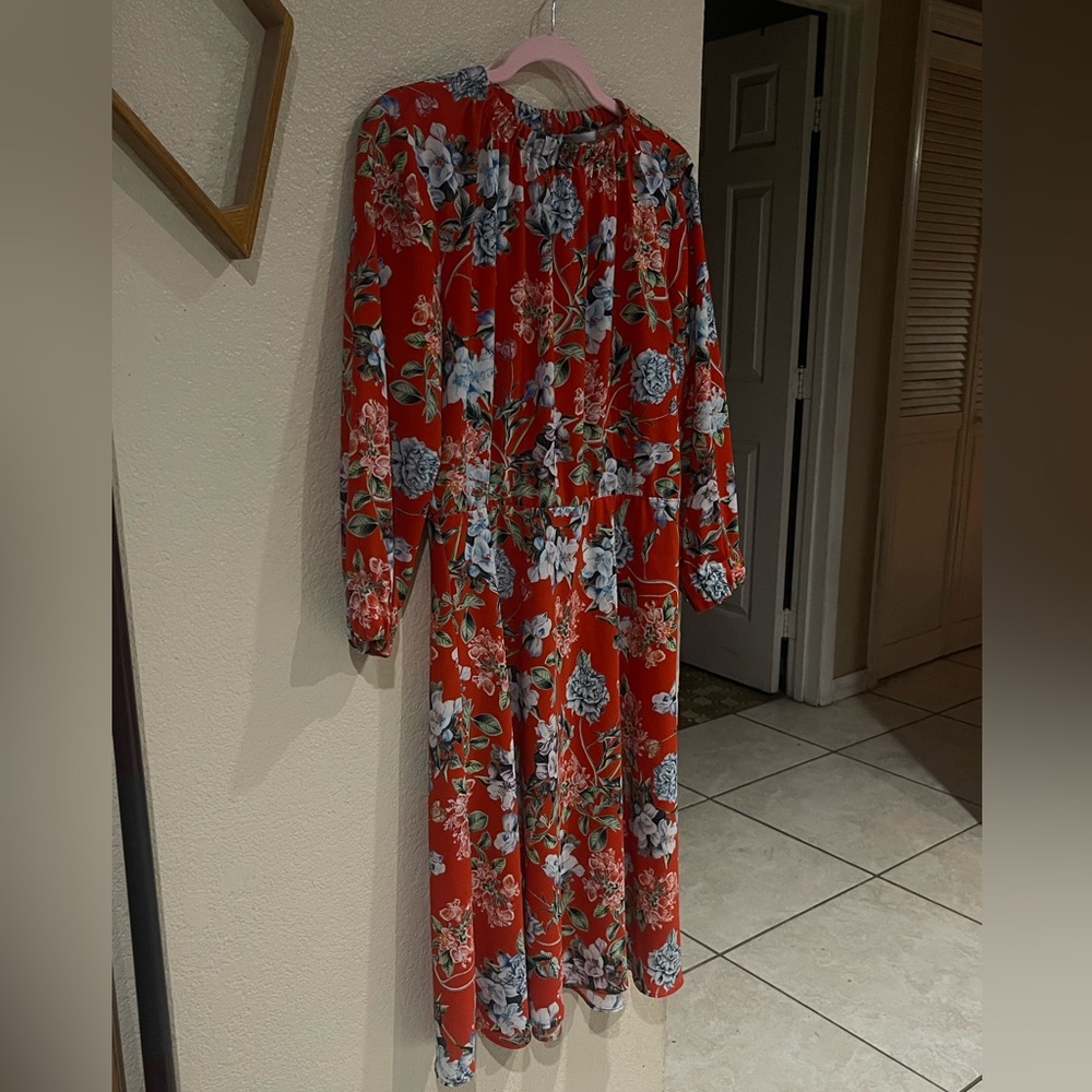 H&M Red Floral Midi Dress with Gathered Waist